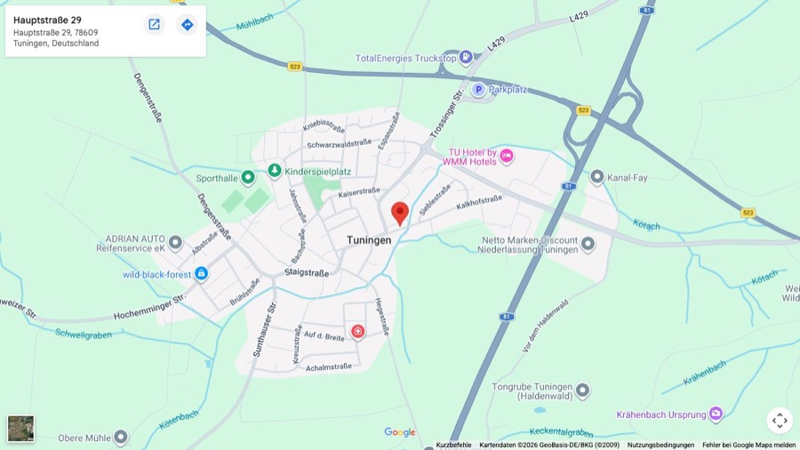 Kartenausschnitt: Standort der DEGEN GmbH in Tuningen